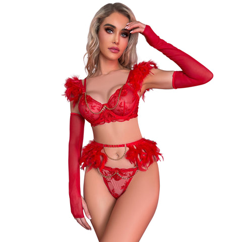 Elecurve Premium Red Ruby Feather Lingerie Set with Sleeves and Stocking