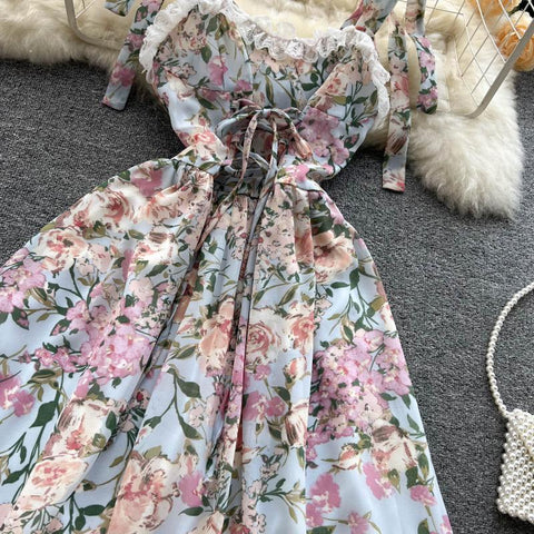 Chloe Allover Floral Lace Trim Tie Strap Midi Dress