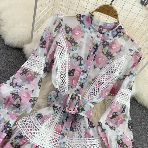 Nora Luxe Embroidery Lace  Flower Dress Women Belt Vestidos