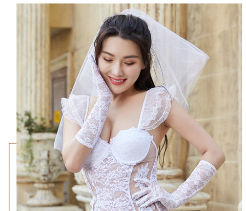 Elecurve Luxe Bridal Lingerie Set |Bridal Mittens, Lingerie, Panty & 1 Head Veil For Women| White - Free Size