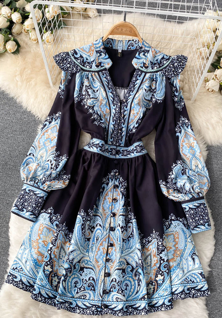 Camille Navy Blue Motifs Party Wear Midi Dress