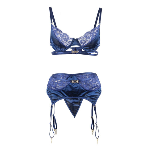 Sapphire Laced Exquisite metal buckle Bra And Garter Panty Set