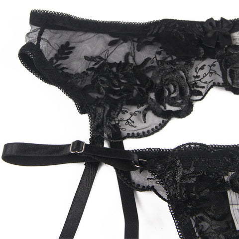 Black Beauty Embroidery Underwire Garter Lingerie Set