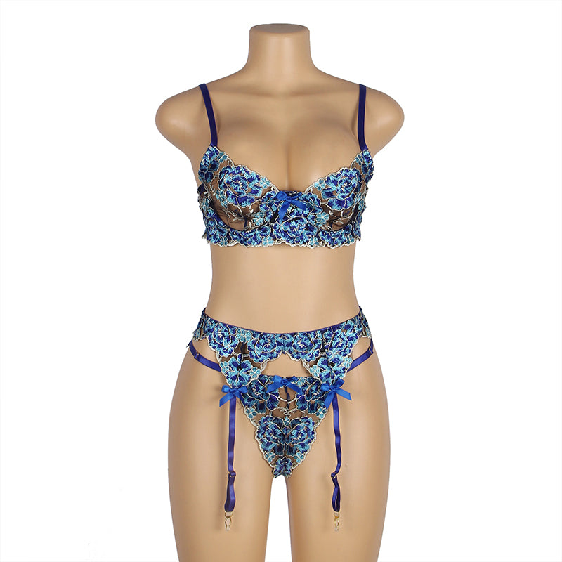 Majestic- Blue Luxe Floral Lace Underwire Garter Bra Set
