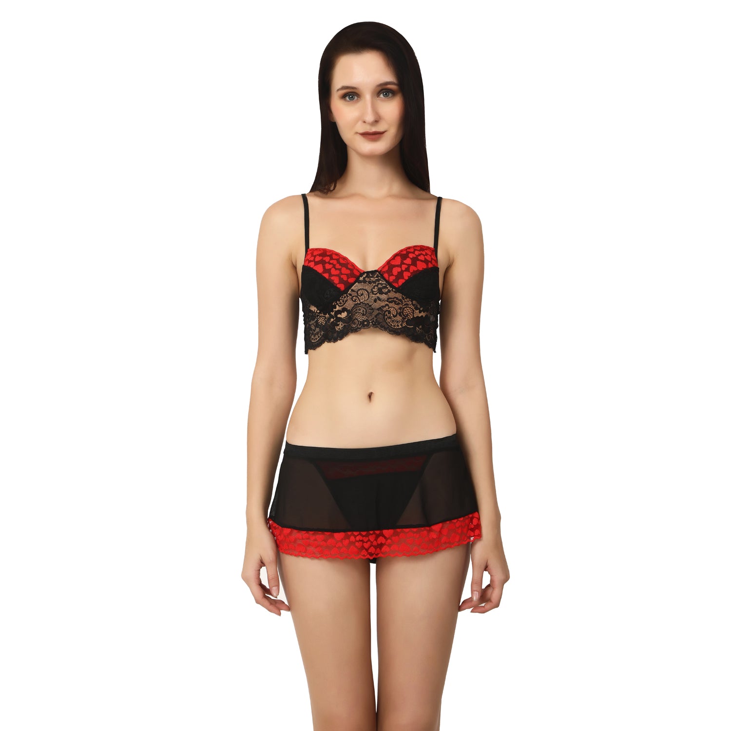 Elecurve Lingerie Set 3 Pieces |Bra, Mini Skirt with G-String |Lingerie Set for Women |Black & Red