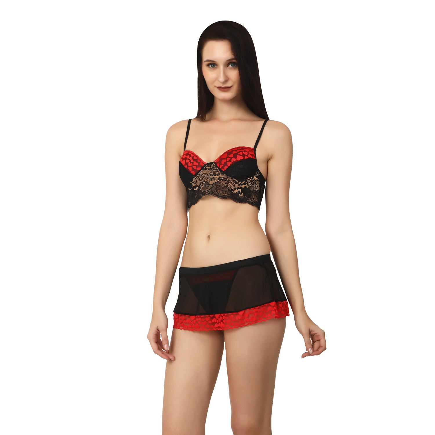 Elecurve Lingerie Set 3 Pieces |Bra, Mini Skirt with G-String |Lingerie Set for Women |Black & Red