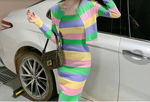 Mariana Two piece Striped Knitted Material Winter Wear Dress