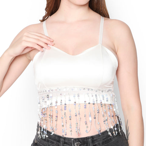 Elecurve Luxe Edgy & Chic Fringe Bralette | Bralette Crop Top | Casual Wear for Women | White